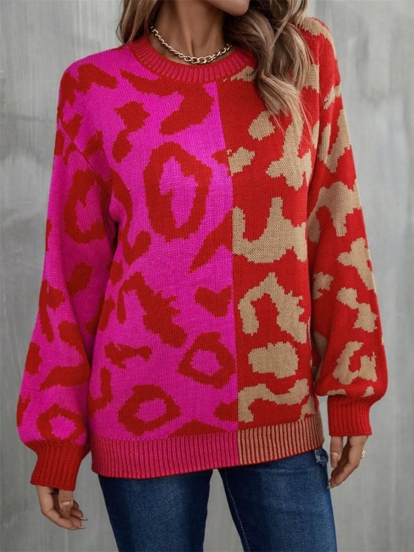 Angel Wings Leopard Round Neck Long Sleeve Sweater - ShalayeFashion