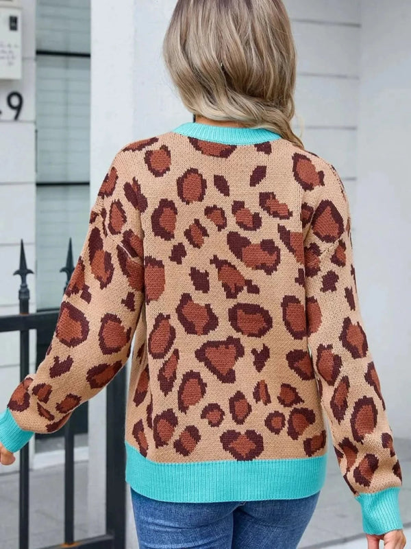 Angel Wings Leopard Round Neck Long Sleeve Sweater - ShalayeFashion