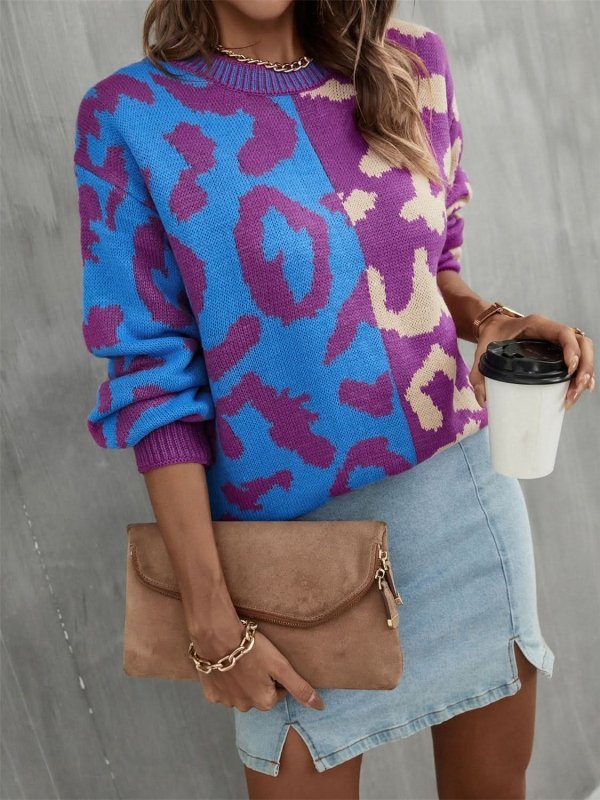 Angel Wings Leopard Round Neck Long Sleeve Sweater - ShalayeFashion