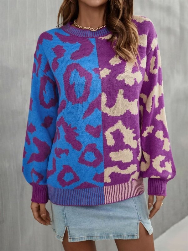 Angel Wings Leopard Round Neck Long Sleeve Sweater - ShalayeFashion