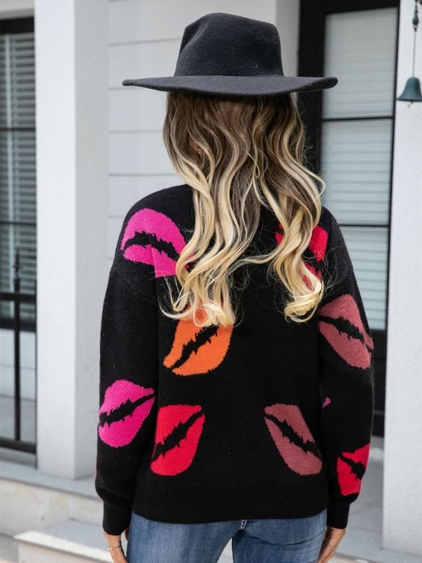 Angel Wings Lip V - Neck Drop Shoulder Sweater - ShalayeFashion