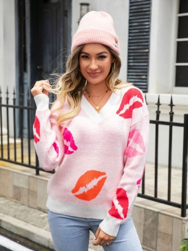 Angel Wings Lip V - Neck Drop Shoulder Sweater - ShalayeFashion