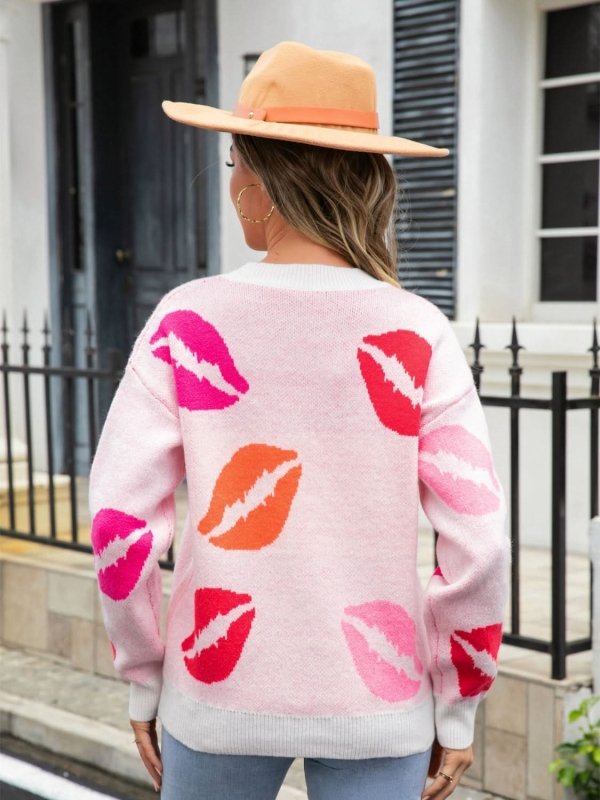 Angel Wings Lip V - Neck Drop Shoulder Sweater - ShalayeFashion