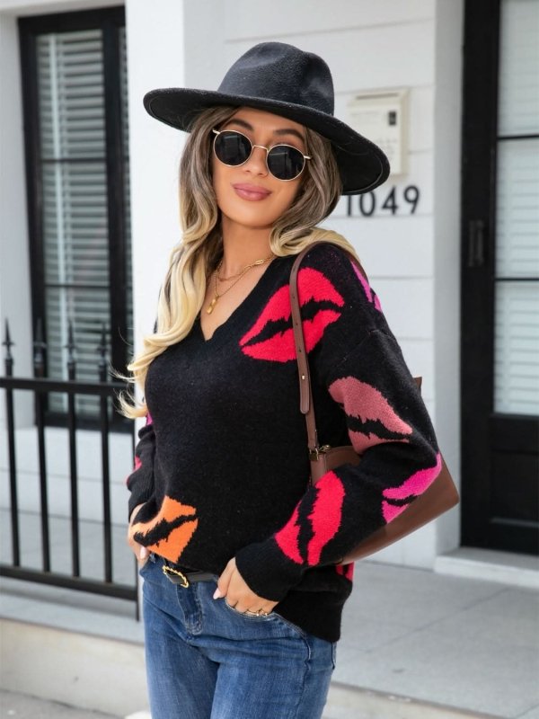 Angel Wings Lip V - Neck Drop Shoulder Sweater - ShalayeFashion