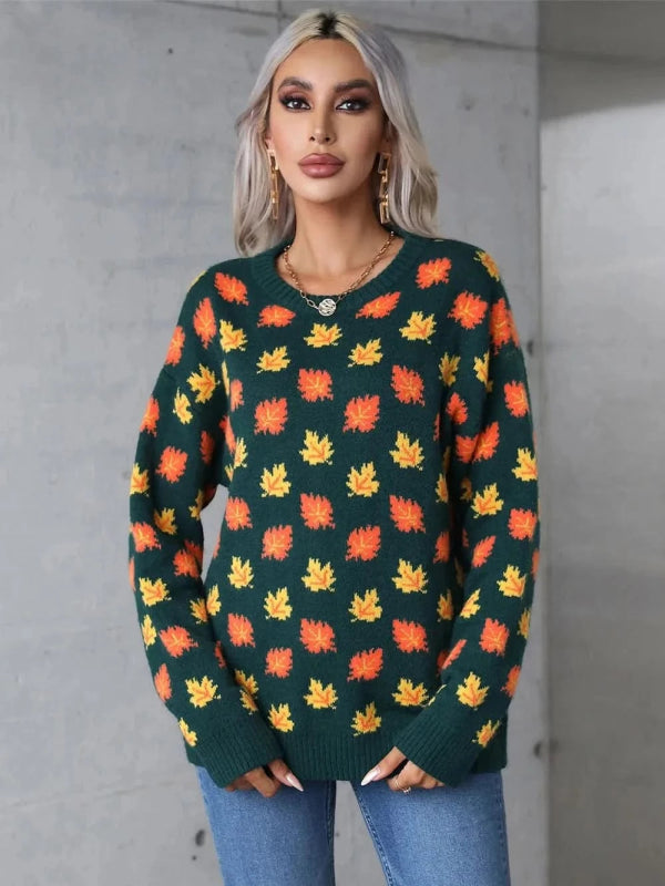 Angel Wings Maple Leaf Round Neck Long Sleeve Sweater - ShalayeFashion