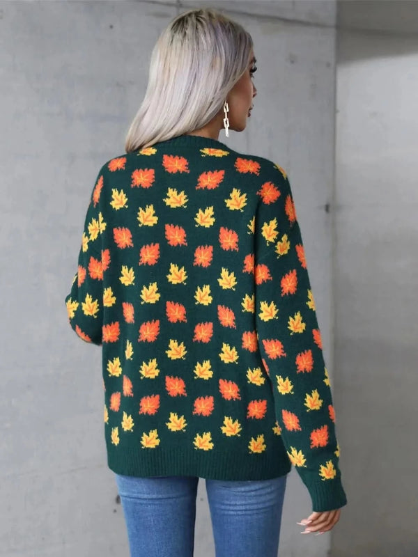 Angel Wings Maple Leaf Round Neck Long Sleeve Sweater - ShalayeFashion