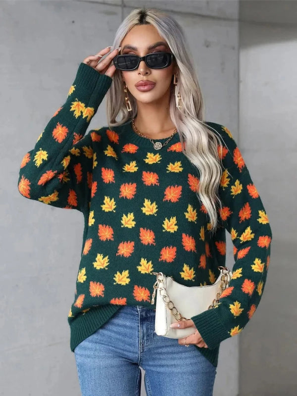 Angel Wings Maple Leaf Round Neck Long Sleeve Sweater - ShalayeFashion