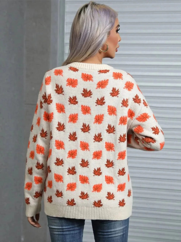 Angel Wings Maple Leaf Round Neck Long Sleeve Sweater - ShalayeFashion
