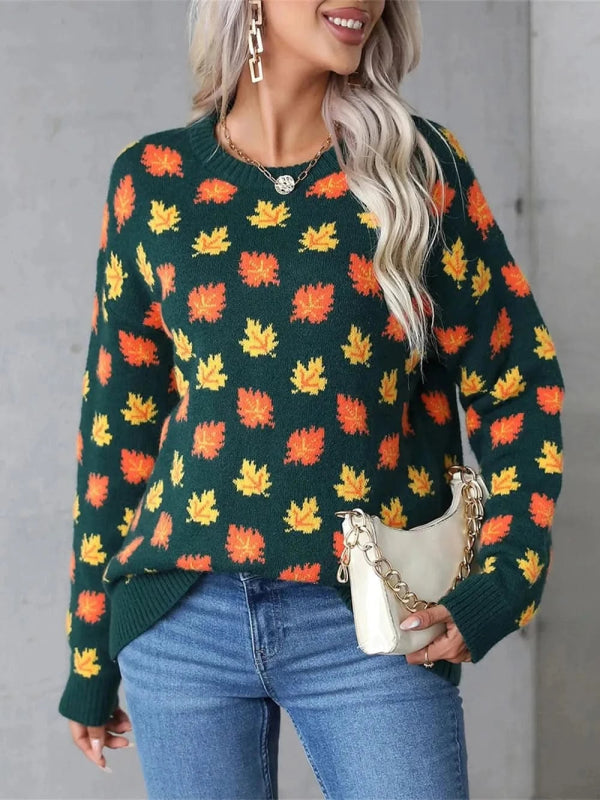 Angel Wings Maple Leaf Round Neck Long Sleeve Sweater - ShalayeFashion