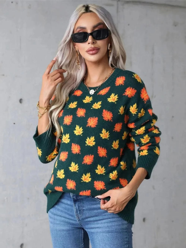 Angel Wings Maple Leaf Round Neck Long Sleeve Sweater - ShalayeFashion