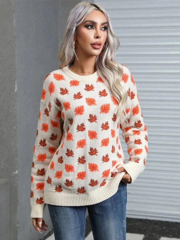 Angel Wings Maple Leaf Round Neck Long Sleeve Sweater - ShalayeFashion