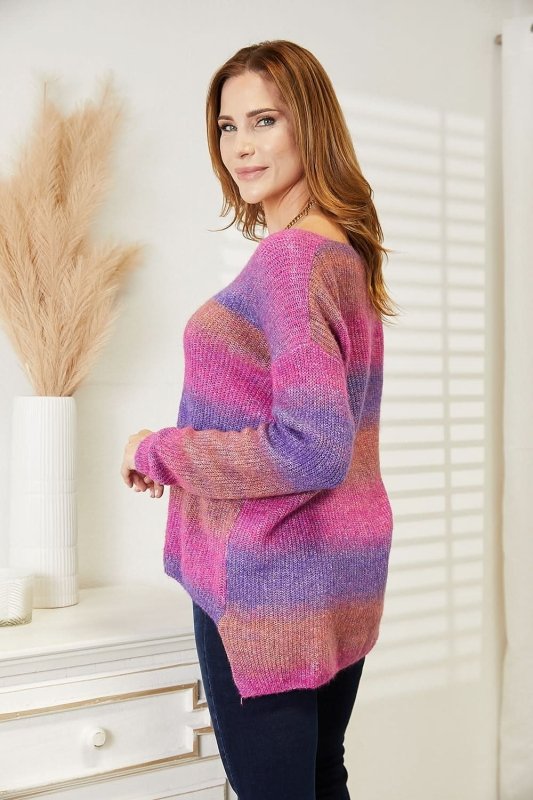 Angel Wings Multicolored Rib - Knit V - Neck Knit Pullover - ShalayeFashion