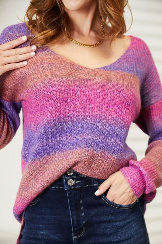 Angel Wings Multicolored Rib - Knit V - Neck Knit Pullover - ShalayeFashion