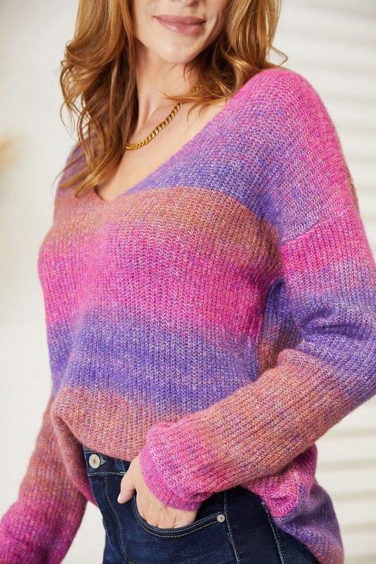 Angel Wings Multicolored Rib - Knit V - Neck Knit Pullover - ShalayeFashion