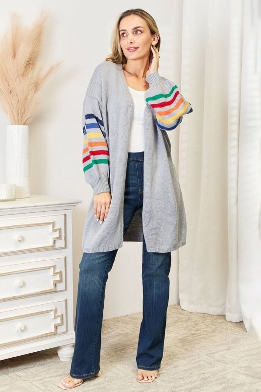 Angel Wings Multicolored Stripe Open Front Longline Cardigan - ShalayeFashion