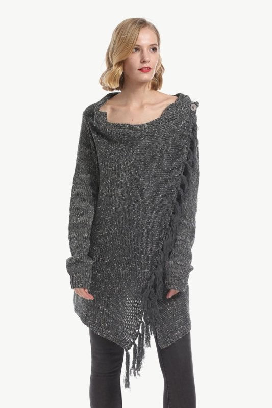 Angel Wings One - Button Tassel Tie Asymmetrical Hem Cardigan - ShalayeFashion
