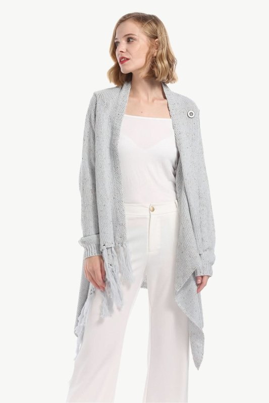 Angel Wings One - Button Tassel Tie Asymmetrical Hem Cardigan - ShalayeFashion