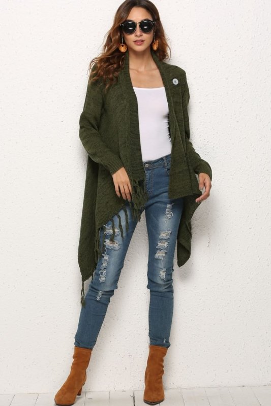 Angel Wings One - Button Tassel Tie Asymmetrical Hem Cardigan - ShalayeFashion