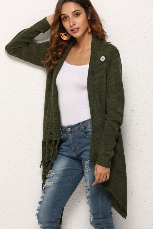 Angel Wings One - Button Tassel Tie Asymmetrical Hem Cardigan - ShalayeFashion