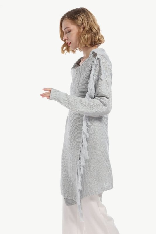 Angel Wings One - Button Tassel Tie Asymmetrical Hem Cardigan - ShalayeFashion