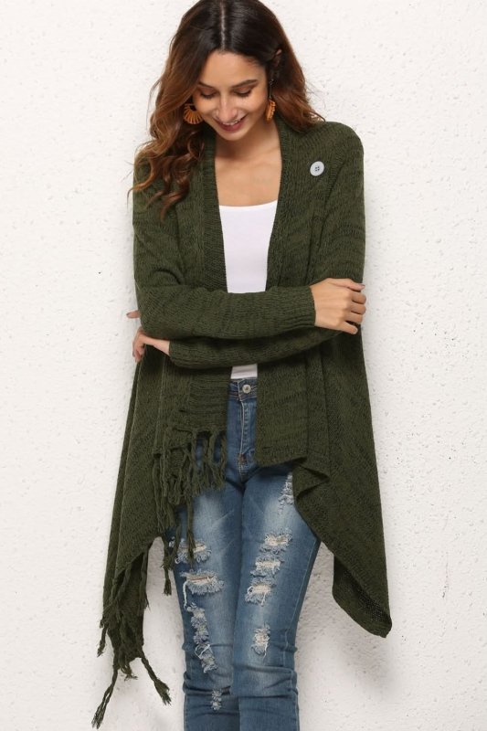 Angel Wings One - Button Tassel Tie Asymmetrical Hem Cardigan - ShalayeFashion
