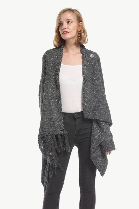Angel Wings One - Button Tassel Tie Asymmetrical Hem Cardigan - ShalayeFashion