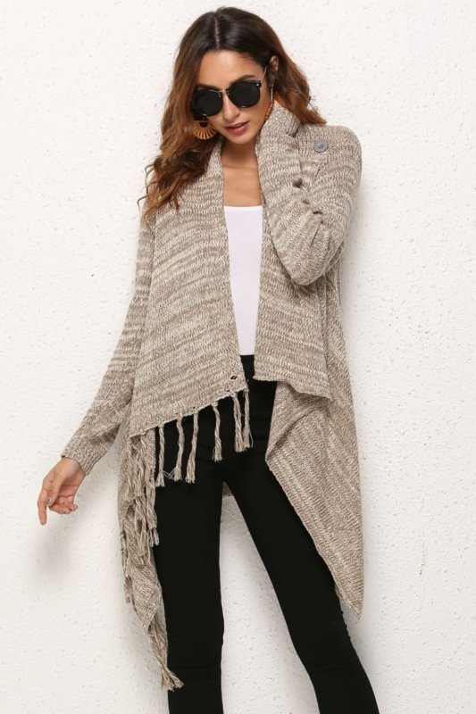 Angel Wings One - Button Tassel Tie Asymmetrical Hem Cardigan - ShalayeFashion