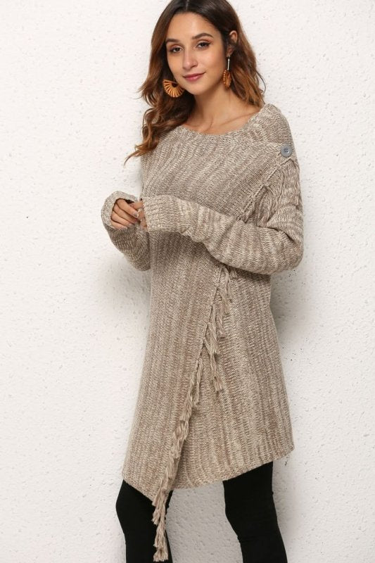 Angel Wings One - Button Tassel Tie Asymmetrical Hem Cardigan - ShalayeFashion