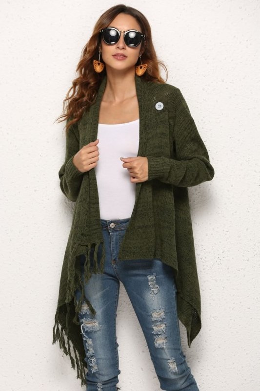 Angel Wings One - Button Tassel Tie Asymmetrical Hem Cardigan - ShalayeFashion