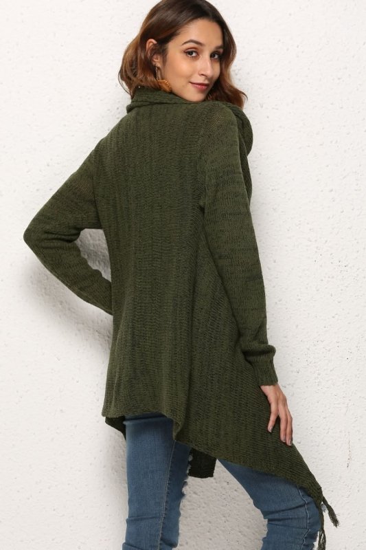 Angel Wings One - Button Tassel Tie Asymmetrical Hem Cardigan - ShalayeFashion