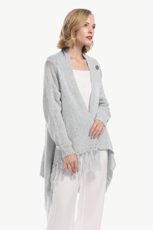 Angel Wings One - Button Tassel Tie Asymmetrical Hem Cardigan - ShalayeFashion