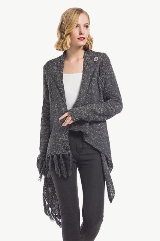 Angel Wings One - Button Tassel Tie Asymmetrical Hem Cardigan - ShalayeFashion