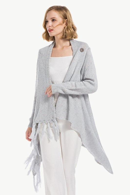 Angel Wings One - Button Tassel Tie Asymmetrical Hem Cardigan - ShalayeFashion
