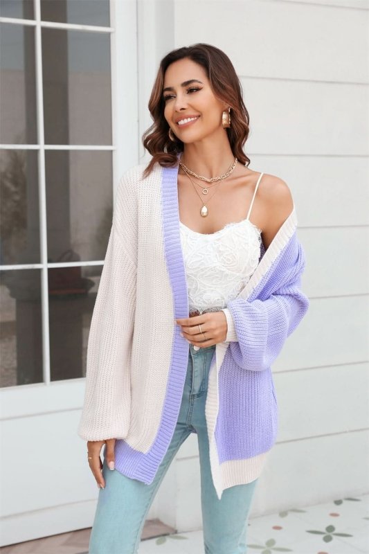 Angel Wings Open Front Contrast Color Balloon Sleeve Cardigan - ShalayeFashion