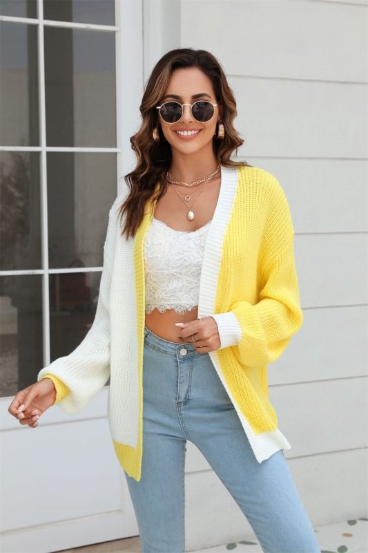Angel Wings Open Front Contrast Color Balloon Sleeve Cardigan - ShalayeFashion