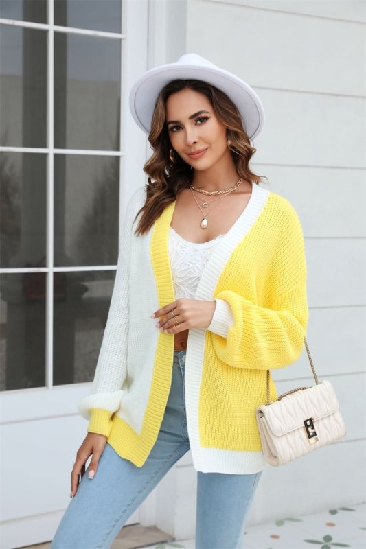 Angel Wings Open Front Contrast Color Balloon Sleeve Cardigan - ShalayeFashion