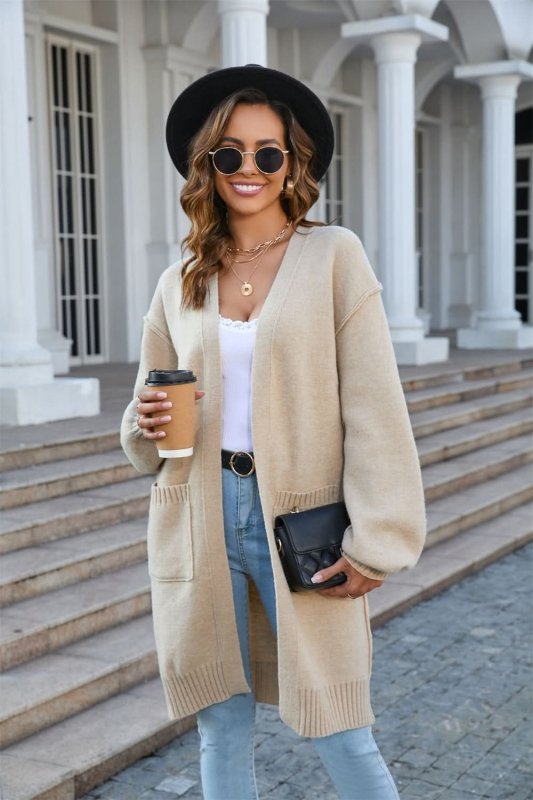 Angel Wings Open Front Dropped Shoulder Cardigan with Pocket - ShalayeFashion