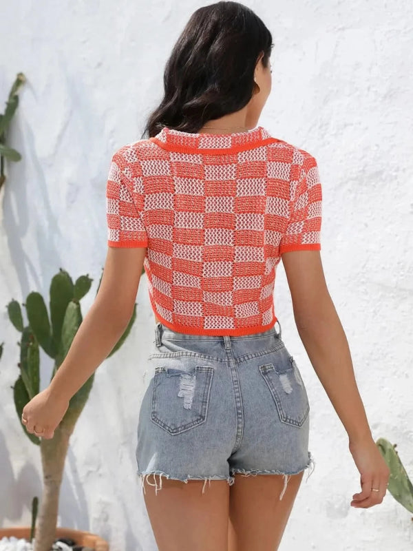 Angel Wings Plaid Button Up Short Sleeve Cardigan - ShalayeFashion