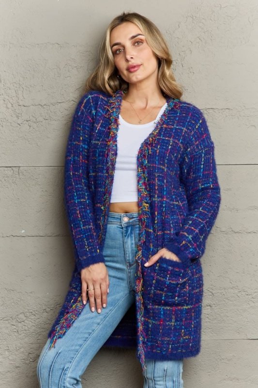 Angel Wings Plaid Fringe Trim Open Front Longline Cardigan - ShalayeFashion