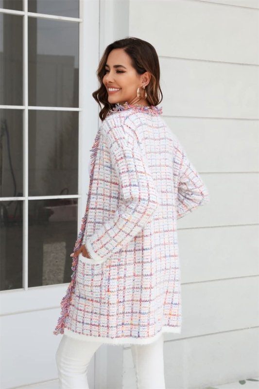 Angel Wings Plaid Fringe Trim Open Front Longline Cardigan - ShalayeFashion