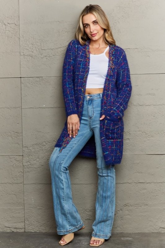 Angel Wings Plaid Fringe Trim Open Front Longline Cardigan - ShalayeFashion
