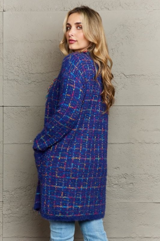 Angel Wings Plaid Fringe Trim Open Front Longline Cardigan - ShalayeFashion