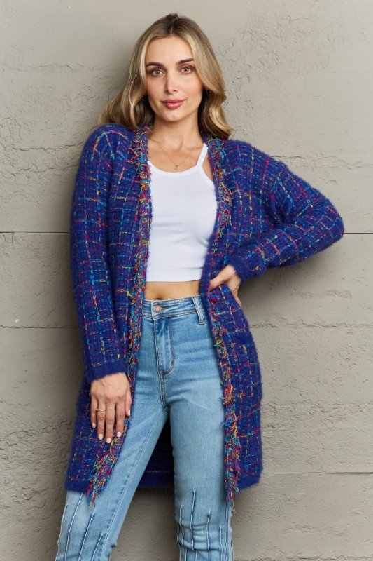 Angel Wings Plaid Fringe Trim Open Front Longline Cardigan - ShalayeFashion
