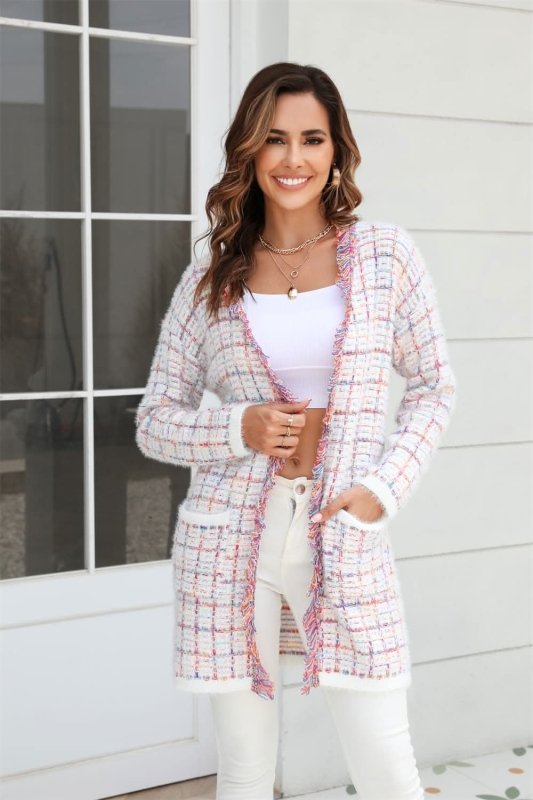 Angel Wings Plaid Fringe Trim Open Front Longline Cardigan - ShalayeFashion