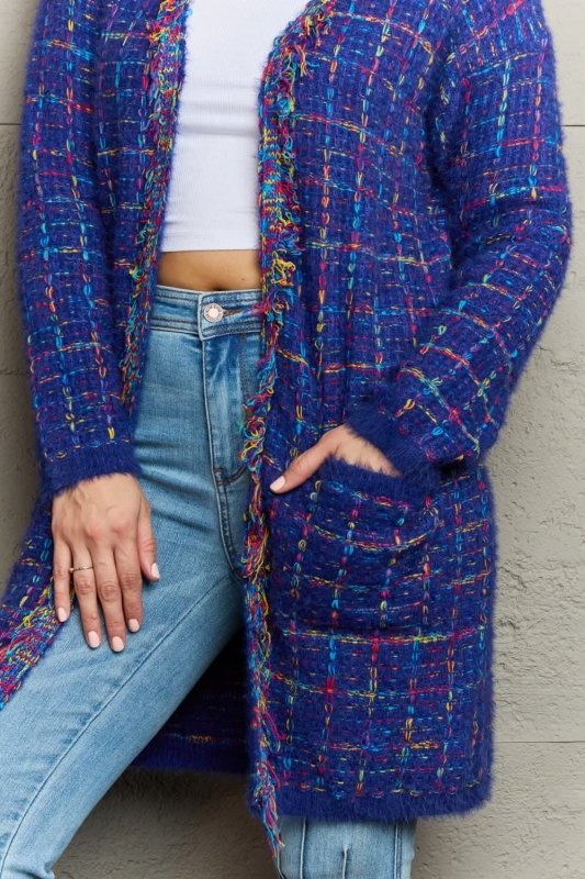 Angel Wings Plaid Fringe Trim Open Front Longline Cardigan - ShalayeFashion