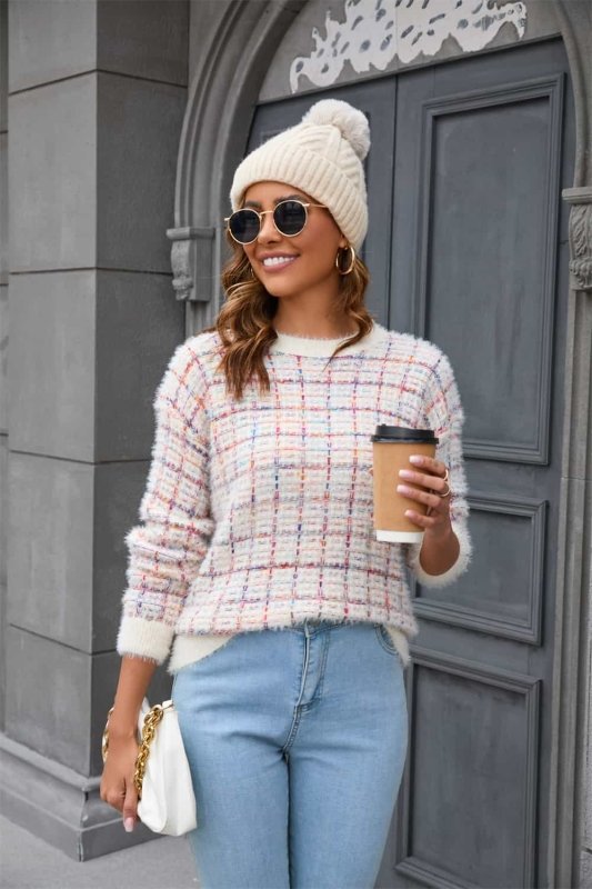 Angel Wings Plaid Round Neck Long Sleeve Pullover Sweater - ShalayeFashion