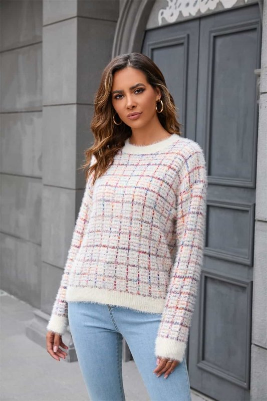 Angel Wings Plaid Round Neck Long Sleeve Pullover Sweater - ShalayeFashion