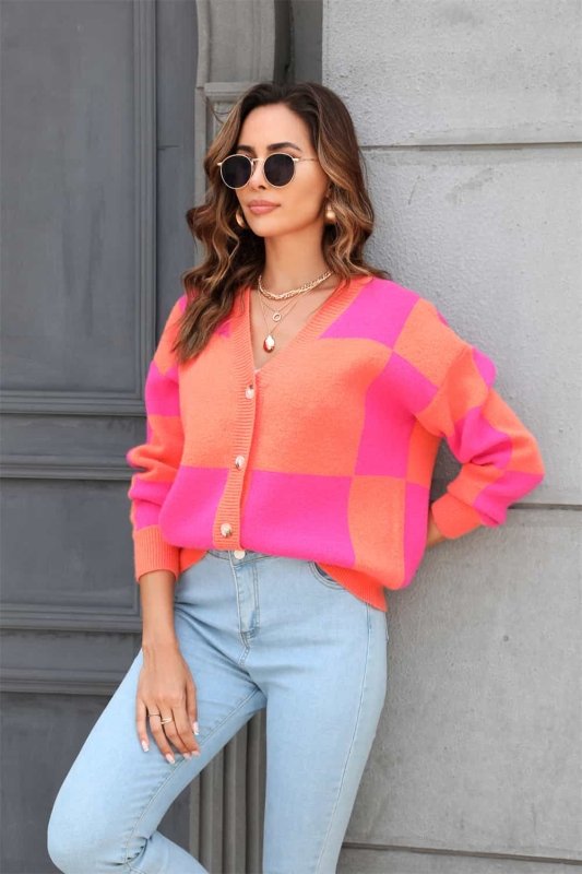 Angel Wings Plaid V - Neck Dropped Shoulder Cardigan - ShalayeFashion