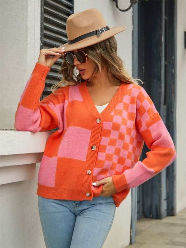 Angel Wings Plaid V - Neck Dropped Shoulder Cardigan - ShalayeFashion