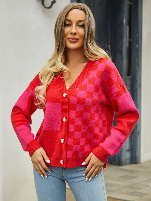 Angel Wings Plaid V - Neck Dropped Shoulder Cardigan - ShalayeFashion